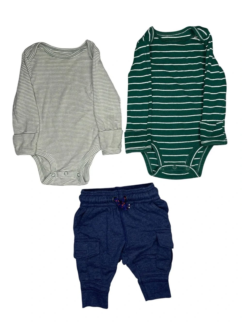 Carter's Green and Cream Striped Long-Sleeve Bodysuits with Navy Pants 3m